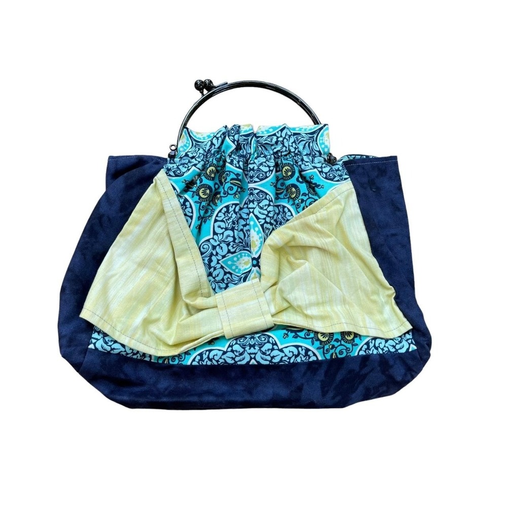 Handmade Kiss Lock Handle Handbag Amy Butler Fabric Blue Teal Floral Satchel
